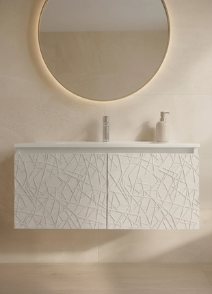 Mobile da bagno sospeso bianco laccato con 2 ante fresate e vasca in ceramica