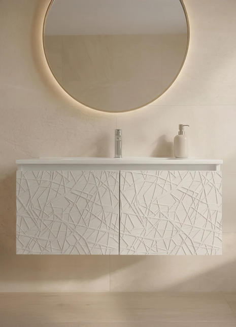 Mobile da bagno sospeso bianco laccato con 2 ante fresate e vasca in ceramica