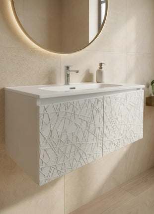 Mobile da bagno sospeso bianco laccato con 2 ante fresate e vasca in ceramica