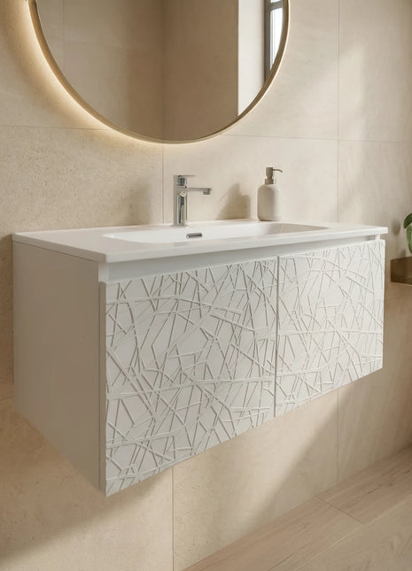 Mobile da bagno sospeso bianco laccato con 2 ante fresate e vasca in ceramica
