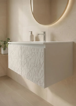 Mobile da bagno sospeso bianco laccato con 2 ante fresate e vasca in ceramica