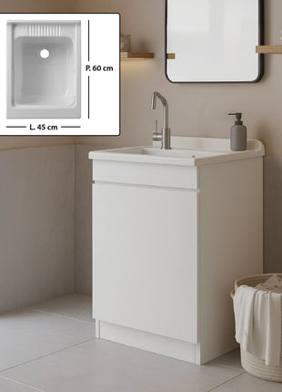 Mobile Lavatoio in legno Nobilitato Bianco con uno sportello e pilozzo lavabo in resina x lavanderia bagno