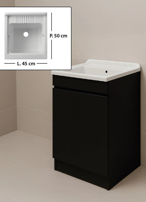 Mobile Lavatoio in legno Nobilitato Nero con uno sportello e pilozzo lavabo in resina x lavanderia bagno