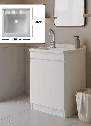 Mobile Lavatoio in legno Nobilitato Bianco con uno sportello e pilozzo lavabo in resina x lavanderia bagno
