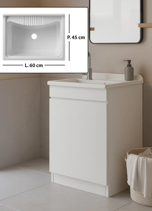 Mobile Lavatoio in legno Nobilitato Bianco con uno sportello e pilozzo lavabo in resina x lavanderia bagno
