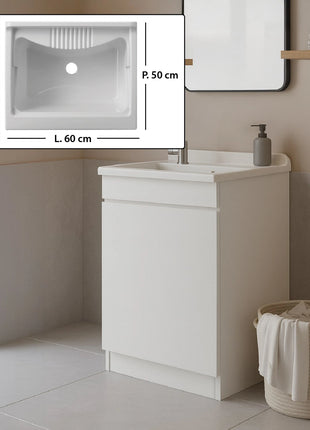 Mobile Lavatoio in legno Nobilitato Bianco con uno sportello e pilozzo lavabo in resina x lavanderia bagno