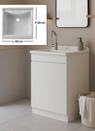Mobile Lavatoio in legno Nobilitato Bianco con uno sportello e pilozzo lavabo in resina x lavanderia bagno