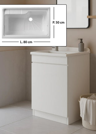 Mobile Lavatoio in legno Nobilitato Bianco con uno sportello e pilozzo lavabo in resina x lavanderia bagno