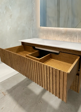 Mobile da bagno cannettato sospeso in legno massello 120 cm due cassetti e vasca lavabo in ceramica