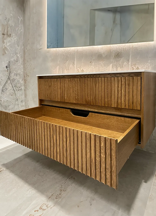 Mobile da bagno cannettato sospeso in legno massello 120 cm due cassetti e vasca lavabo in ceramica