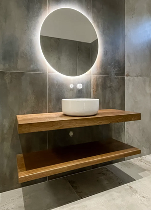Mobile da bagno sospeso moderno in legno massello con vasca lavabo a ciotola in ceramica e specchio rotondo con LED