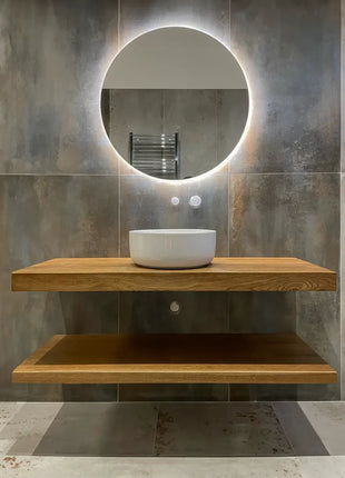 Mobile da bagno sospeso moderno in legno massello con vasca lavabo a ciotola in ceramica e specchio rotondo con LED