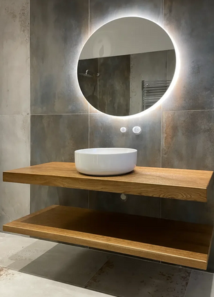 Mobile da bagno sospeso moderno in legno massello con vasca lavabo a ciotola in ceramica e specchio rotondo con LED
