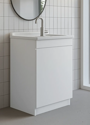 Mobile Lavatoio in legno Nobilitato Bianco con uno sportello e pilozzo lavabo in resina x lavanderia bagno