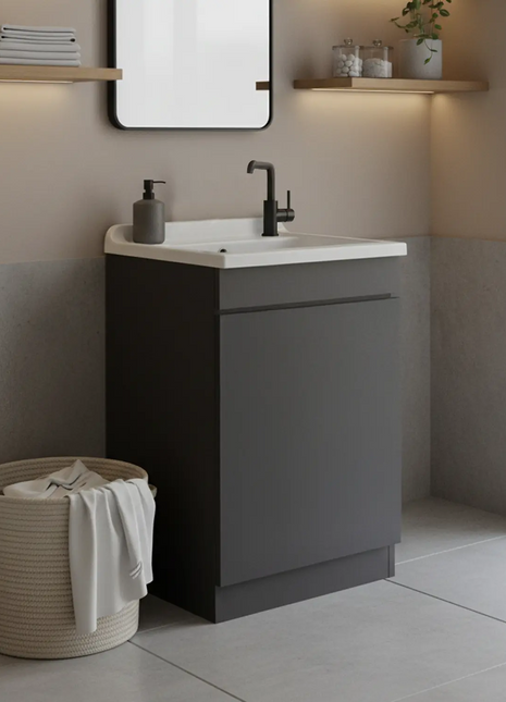 Mobile Lavatoio in legno Nobilitato Grigio con uno sportello e pilozzo lavabo in resina x lavanderia bagno