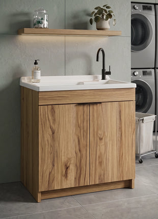 Mobile Lavatoio in legno Nobilitato Rovere Maryland e 2 sportelli e pilozzo lavabo in resina x lavanderia bagno