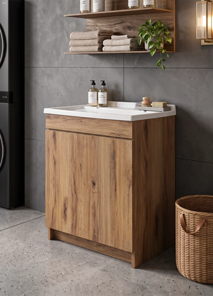 Mobile Lavatoio in legno Nobilitato Rovere Maryland con uno sportello e pilozzo lavabo in resina x lavanderia bagno