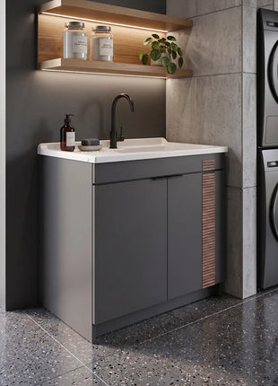 Mobile Lavatoio in legno Nobilitato L 80 x P 50 Grigio Antracite con inserto decorato e 2 sportelli e pilozzo lavabo in resina x lavanderia bagno