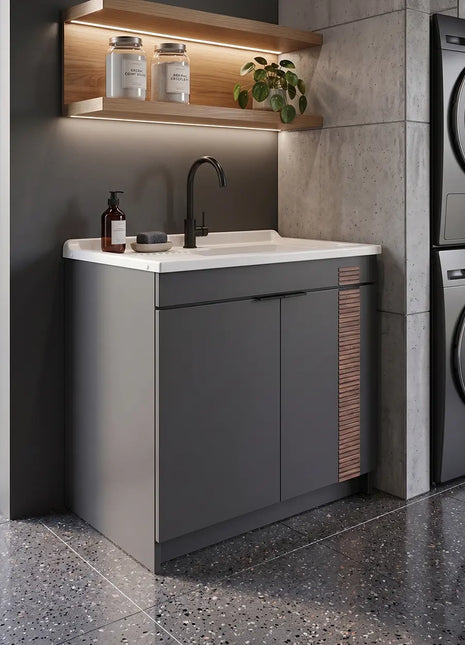 Mobile Lavatoio in legno Nobilitato L 80 x P 50 Grigio Antracite con inserto decorato e 2 sportelli e pilozzo lavabo in resina x lavanderia bagno