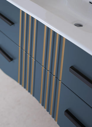 Mobile da bagno sospeso in legno con due cassetti blu petrolio con righe dorate