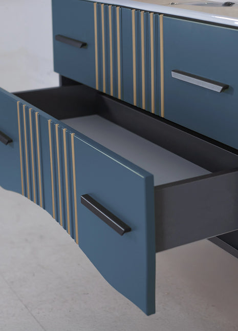 Mobile da bagno sospeso in legno con due cassetti blu petrolio con righe dorate