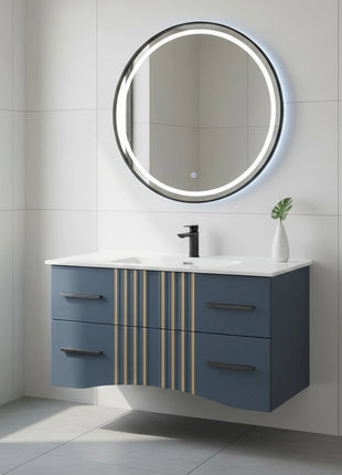 Mobile da bagno sospeso in legno con due cassetti blu petrolio con righe dorate
