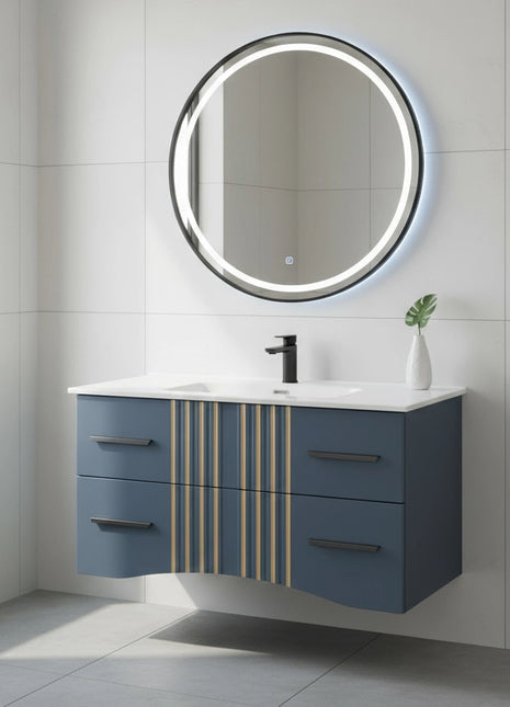 Mobile da bagno sospeso in legno con due cassetti blu petrolio con righe dorate
