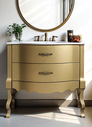 Mobile da Bagno in legno L. 90 cm dorato piedi sagomati due cassetti curvi con guide ammortizzate