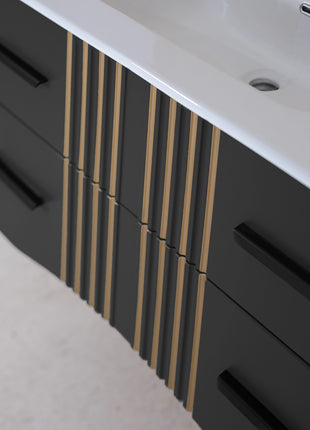 Mobile da bagno sospeso in legno con due cassetti grigio antracite con righe dorate