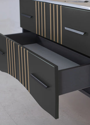 Mobile da bagno sospeso in legno con due cassetti grigio antracite con righe dorate