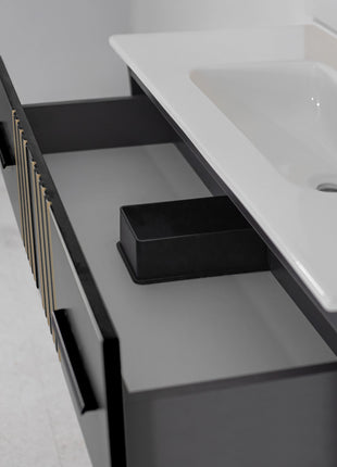 Mobile da bagno sospeso in legno con due cassetti grigio antracite con righe dorate