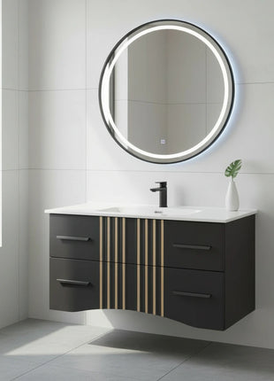 Mobile da bagno sospeso in legno con due cassetti grigio antracite con righe dorate