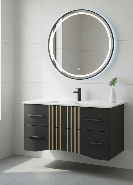 Mobile da bagno sospeso in legno con due cassetti grigio antracite con righe dorate