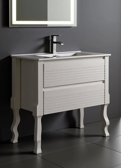 Mobile da Bagno in legno color tortora chiaro dogato con piedi torniti e due cassetti con guide ammortizzate