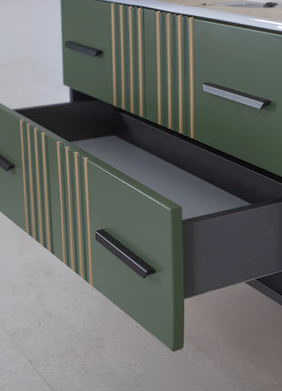 Mobile da bagno sospeso in legno con due cassetti verde pastello con righe dorate