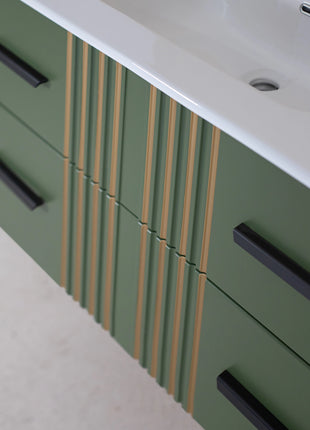 Mobile da bagno sospeso in legno con due cassetti verde pastello con righe dorate