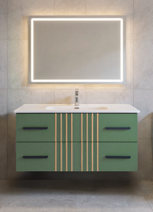 Mobile da bagno sospeso in legno con due cassetti verde pastello con righe dorate