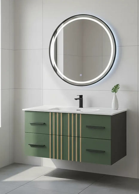 Mobile da bagno sospeso in legno con due cassetti verde pastello con righe dorate
