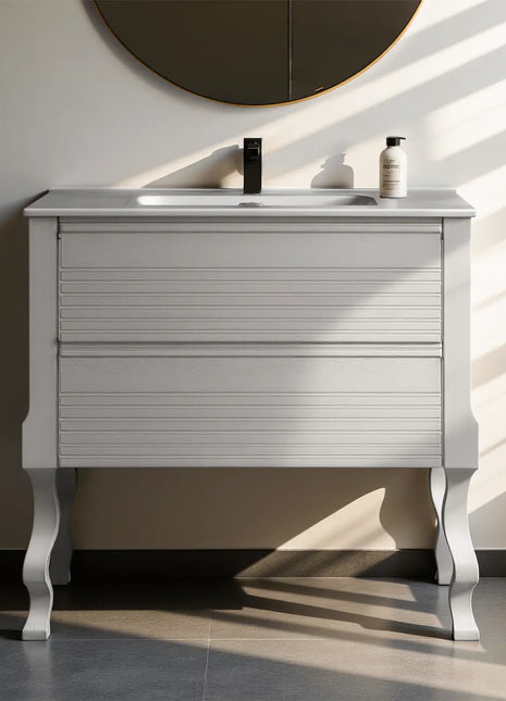 Mobile da Bagno in legno color tortora chiaro dogato con piedi torniti e due cassetti con guide ammortizzate