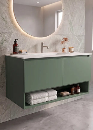 Mobile da bagno sospeso verde con 2 ante, mensola a giorno e vasca slim in ceramica