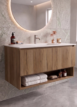 Mobile da bagno sospeso Legno Nobilitato Rovere L. 60 80 90 100 110 cm con 2 ante, mensola a giorno e vasca slim in ceramica