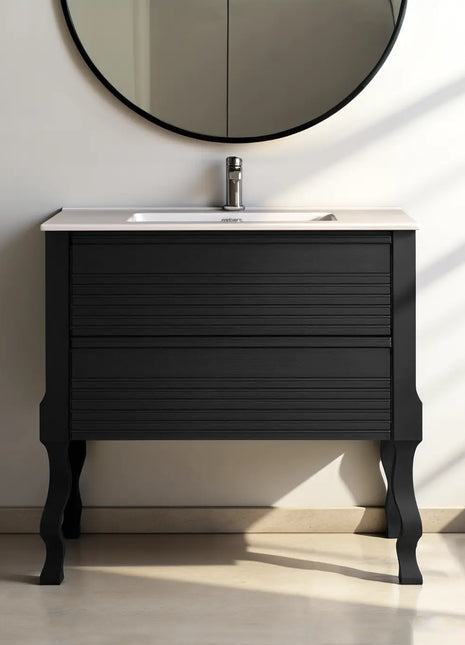 Mobile da Bagno in legno color nero dogato con piedi torniti e due cassetti con guide ammortizzate
