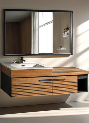 Mobile da bagno sospeso in legno con doghe, due cassetti e vasca in ceramica