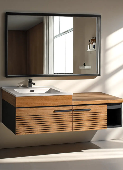 Mobile da bagno sospeso in legno con doghe, due cassetti e vasca in ceramica