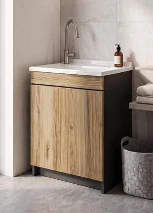 Mobile Lavatoio in legno Nobilitato Rovere e Grigio con sportello e pilozzo lavabo in resina x lavanderia bagno