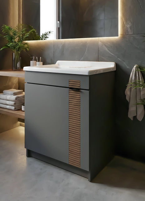 Mobile Lavatoio in legno Nobilitato Grigio con uno sportello decorato e pilozzo lavabo in resina x lavanderia bagno