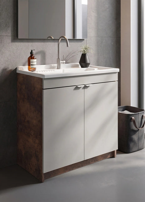 Mobile Lavatoio in legno Nobilitato L 80 x P 50 Bronze e Light Stone Grey con 2 sportelli e pilozzo lavabo in resina x lavanderia bagno