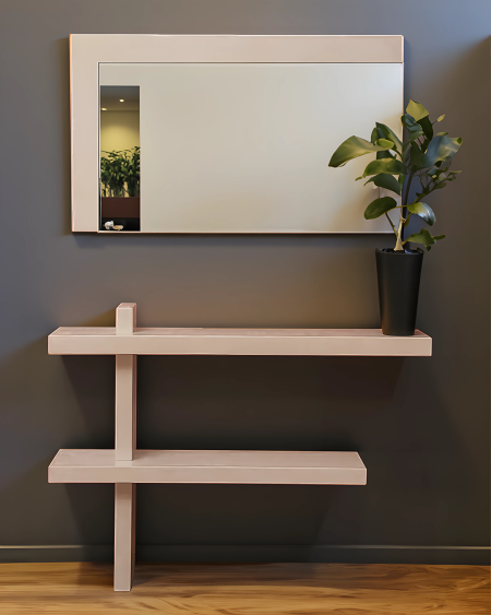 Mobile ingresso design moderno in legno color panna con specchio rettangolare