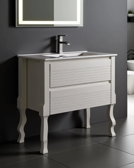 Mobile da Bagno in legno color tortora chiaro dogato con piedi torniti e due cassetti con guide ammortizzate