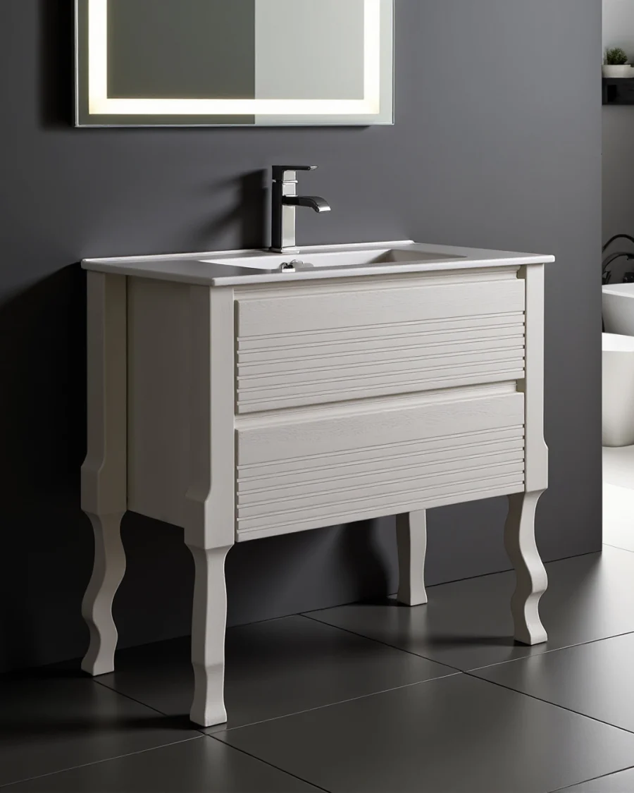 Mobile da Bagno in legno color tortora chiaro dogato con piedi torniti e due cassetti con guide ammortizzate